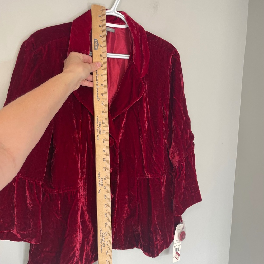 NY Collection Red Crushed Velvet Blazer Ruffle Bell Sleeve‎ Peplum Jacket XL NEW - Picture 4 of 6